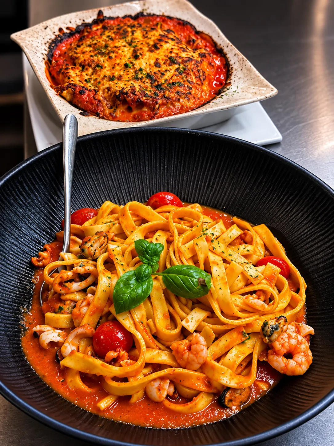 Tagliatelle mit Meeresfrüchten in Tomatensauce und frischem Basilikum