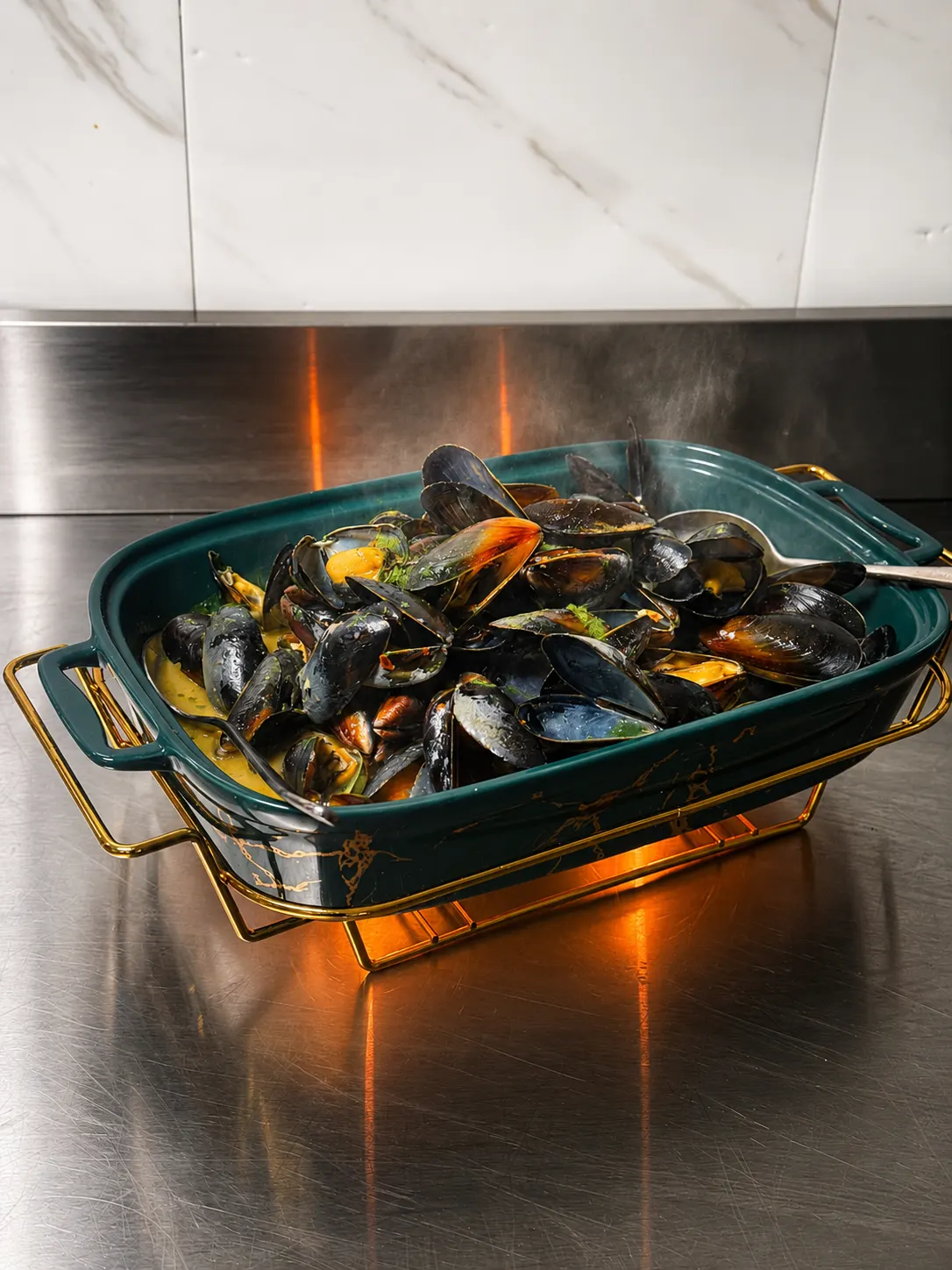 Muscheln in einer grünen Servierschale auf Edelstahlfläche