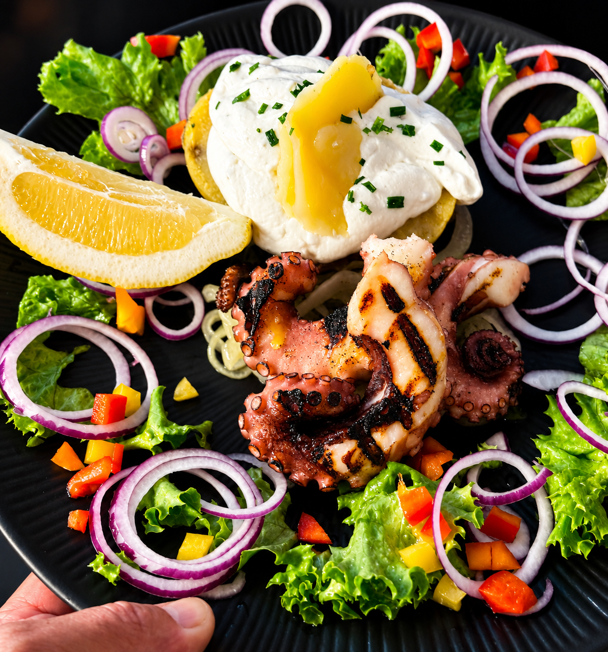 Gegrillter Oktopus mit Burrata und Zitrone