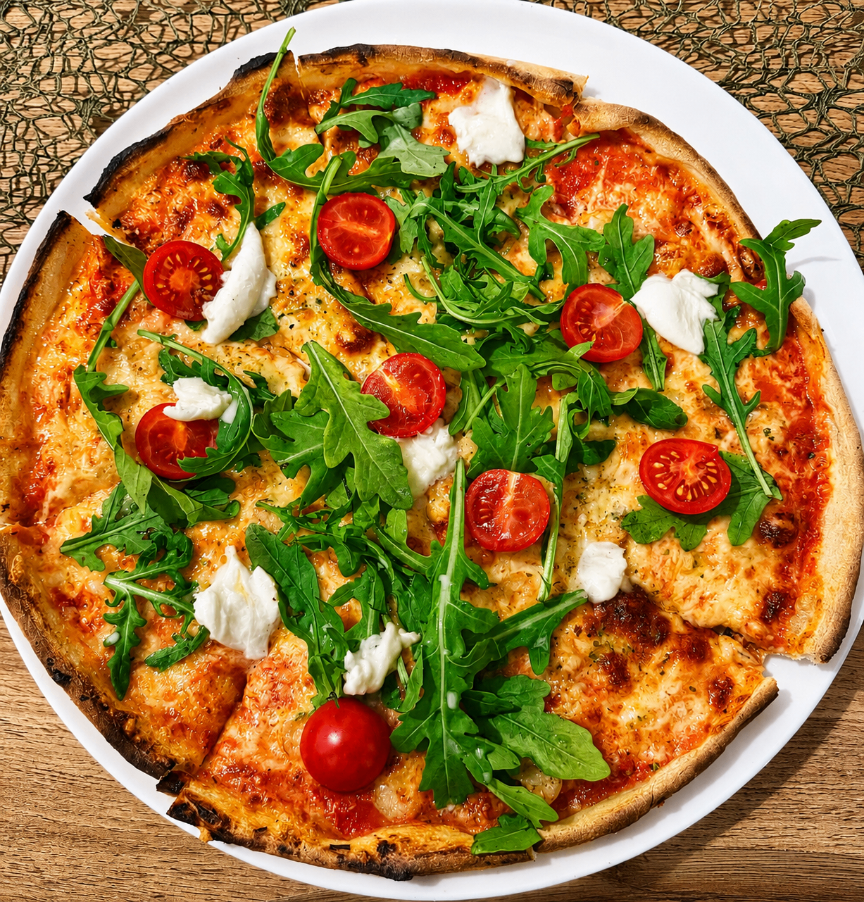 Pizza mit Rucola, Tomaten und cremigem Mozzarella